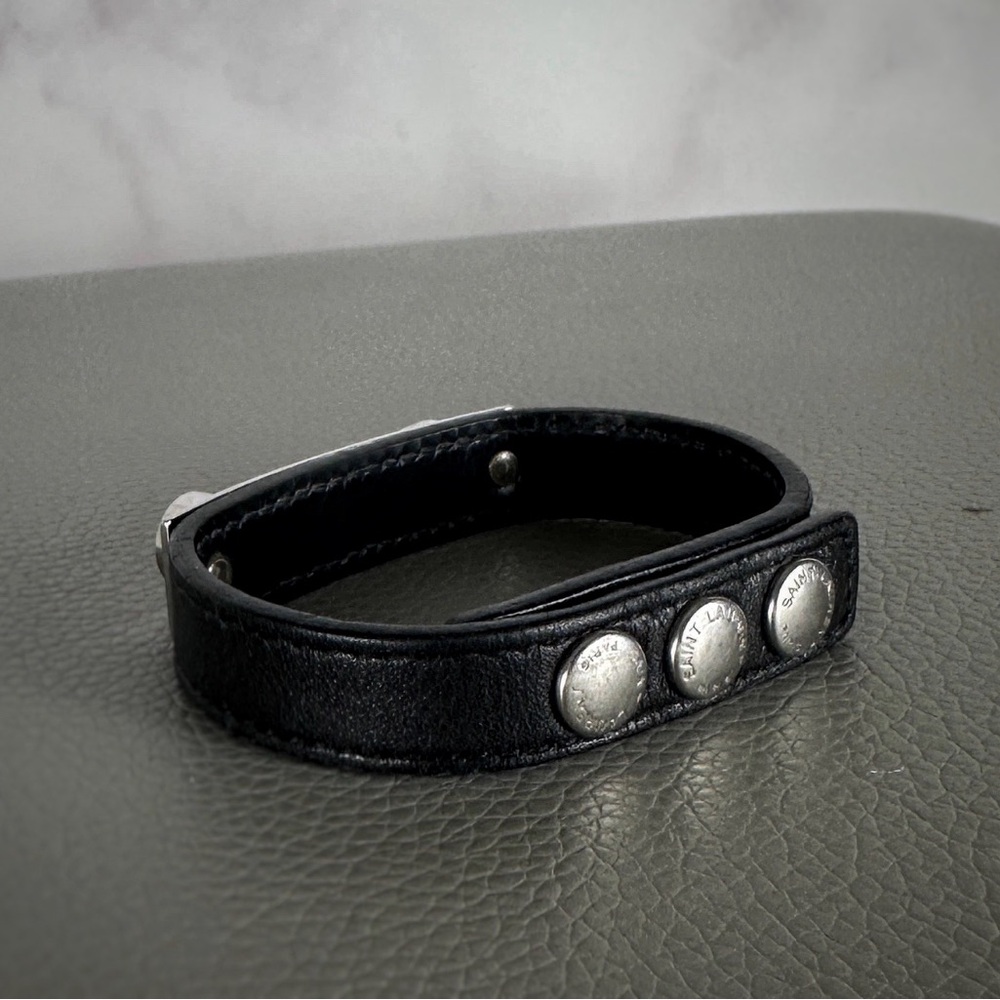 Saint Laurent Paris Cuff Bracelet Black Leather Le Trois Clous 8” Designer Hedi